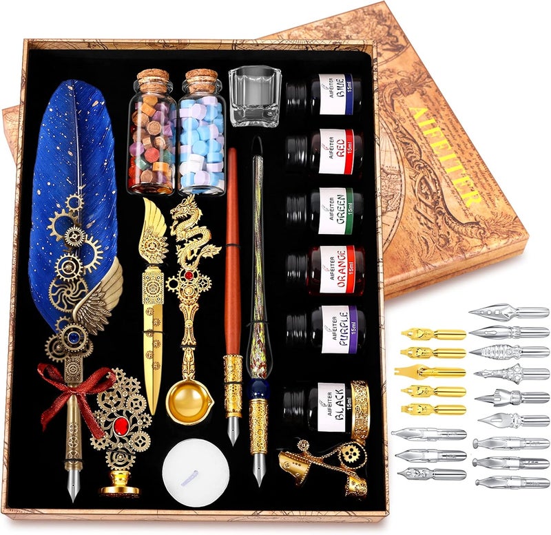 Aifeiter Quill Pen Ink Set-Feather Calligraphy Pen and Ink Set,Includes 6 Bottles of Ink,Quill Pen,Glass Dipping Pen,Wooden Dipping Pen,17 nibs,8 Sheets of Writing Paper,Envelope,Spoon-Blue - Image 1